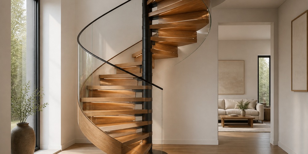 Spiral staircase with light wood treads and curved glass railing beside a tall window.